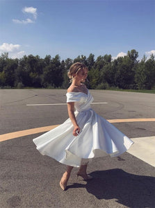 A Line White Off Shoulder Tea Length Pleats Satin Prom Dresses