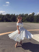 A Line White Off Shoulder Tea Length Pleats Satin Prom Dresses