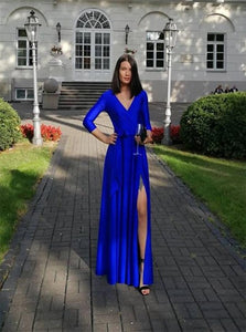 A Line V Neck Long Sleeves Satin Royal Blue Prom Dresses with Slit LBQ3721