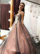 A Line V Neck Tulle Beadings Prom Dress With Flowers