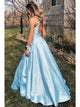 Sweep Train Blue Open Back Pearl Pockets Evening Dresses
