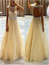 A Line Scoop Sequins Open Back Champagne Tulle Long Prom Dress LBQ4148