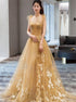 A Line Spaghetti Straps Champagne Tulle Lace Prom Dress LBQ3570