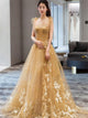 A Line Spaghetti Straps Champagne Tulle Lace Prom Dresses