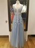 A Line Blue Gray Tulle V Neck Lace Applique Prom Dress LBQ3552