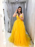 A Line Spaghetti Straps Yellow Tulle Pleats Prom Dresses LBQ3664