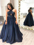 Dark Navy A Line Halter Satin Prom Dress with Sequins LBQ3851