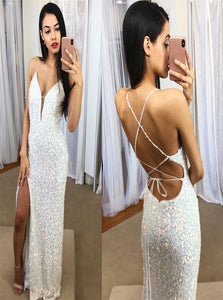 Mermaid Spaghetti Straps Criss Cross Sequins Prom Dresses