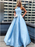 A Line Sleeveless Long Halter Blue Satin Prom Dress with Pearls Pockets LBQ3311