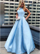 A Line Sleeveless Long Halter Blue Satin Prom Dress es