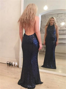 Mermaid Jewel Floor Length Backless Navy Blue Sequined Prom Dresses