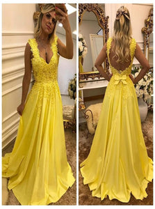 A Line Straps Appliques Yellow Satin Prom Dresses