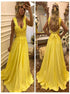 A Line Straps Appliques Yellow Satin Prom Dresses LBQ3766
