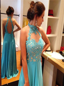  A Line Halter Open Back Chiffon Appliques Prom Dresses 