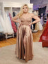 A Line V Neck Lace Satin Prom Dress Floor  Length with Split LBQ2998