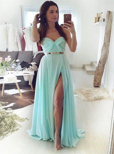 A Line Sweetheart Chiffon Green Prom Dress with Slit 