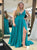  A Line V Neck Backless Satin Prom Dresses with Slit