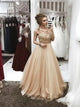Round Neck Tulle Beadings A Line Long Prom Dresses