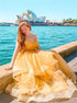 A Line V Neck Tulle Ruffles Golden Prom Dress LBQ4029