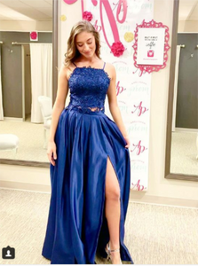 A Line Spaghetti Straps Appliques Satin Prom Dresses with Slit