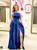 A Line Spaghetti Straps Appliques Satin Prom Dresses with Slit
