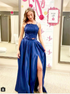 A Line Spaghetti Straps Appliques Satin Prom Dresses with Slit LBQ3988