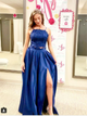 A Line Spaghetti Straps Appliques Satin Prom Dresses with Slit