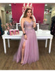 A Line Tulle Spaghetti Straps With Applique Prom Dresses