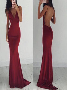 Spaghetti Straps  V Neck Backless Mermaid Prom Dresses