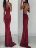 Spaghetti Straps Burgundy V Neck Backless Mermaid Prom Dress LBQ3626