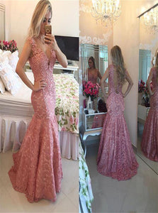 Mermaid Pink Lace V Neck Mermaid Appliques Open Back Prom Dress