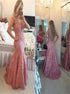 Mermaid Pink Lace V Neck Mermaid Appliques Open Back Prom Dress LBQ3787