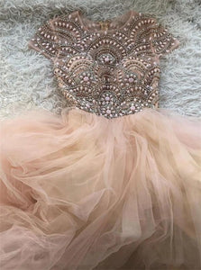 A Line Scoop Tulle Beads Long Prom Dresses 