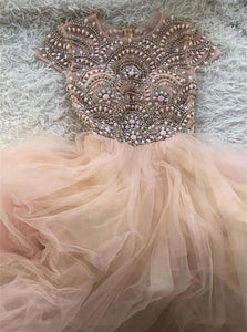A Line Scoop Tulle Beads Long Prom Dresses 