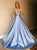 A Line Halter Deep V Neck Blue Satin Pleats Backless Prom Dresses