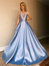 A Line Halter Deep V Neck Blue Satin Pleats Backless Prom Dress LBQ3977