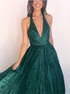 V Neck A Line Sequins Backless Prom Dresses LBQ3989