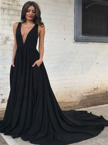 Black Backless V Neck A Line Satin Prom Dresses