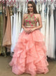 A Line Two Piece Pink Appliques Tulle Open Back Prom Dresses