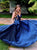 A Line Spaghetti Straps Satin Pleats Blue Prom Dresses