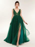 A Line V Neck Sequined Bodice Tulle Prom Dresses with Slit LBQ3515