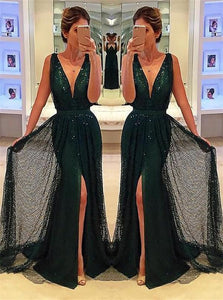 A Line V Neck Sequins Prom Dress with Slit