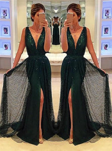 A Line V Neck Sequins Prom Dress with Slit