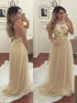 A Line Halter Tulle Champagne Criss Cross Prom Dress with Sequins LBQ3852