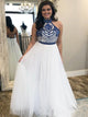 A Line Scoop Neck Tulle Floor Length Appliques Prom Dresses