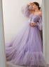 A Line Purple Off the Shoulder Long Sleeves Tulle Appliques Prom Dress LBQB3780