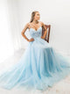 A Line Spaghetti Straps Blue Tulle Appliques Prom Dresses