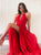 A Line Red Chiffon Halter Open Back Split Prom Dresses