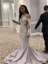Mermaid One Shoulder Long Sleeves Appliques Satin Prom Dresses LBQ4009