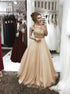 A Line Scoop Sleeveless Tulle Champagne Beading Prom Dress LBQ3429